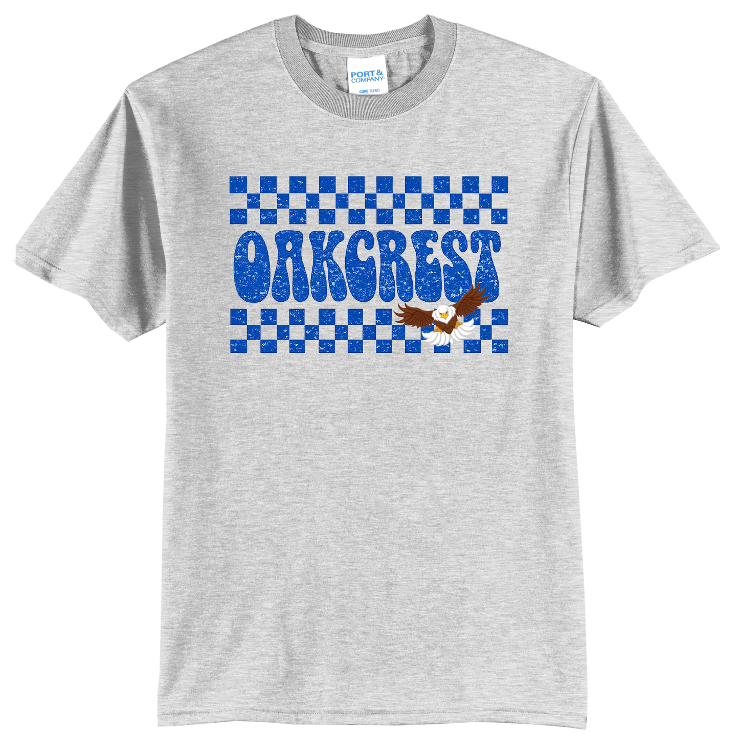 Oakcrest Eagles Retro Checkered Spirit T-Shirt –ASH-PREMIUM BRAND SHIRT