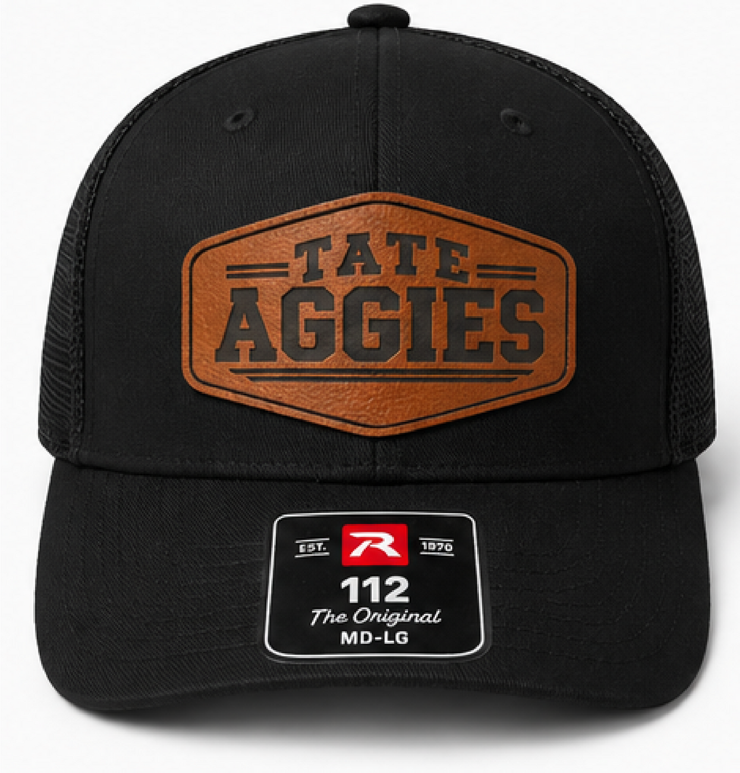 Tate Aggies Leather Patch Trucker Hat — Black