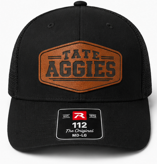 Tate Aggies Leather Patch Trucker Hat — Black