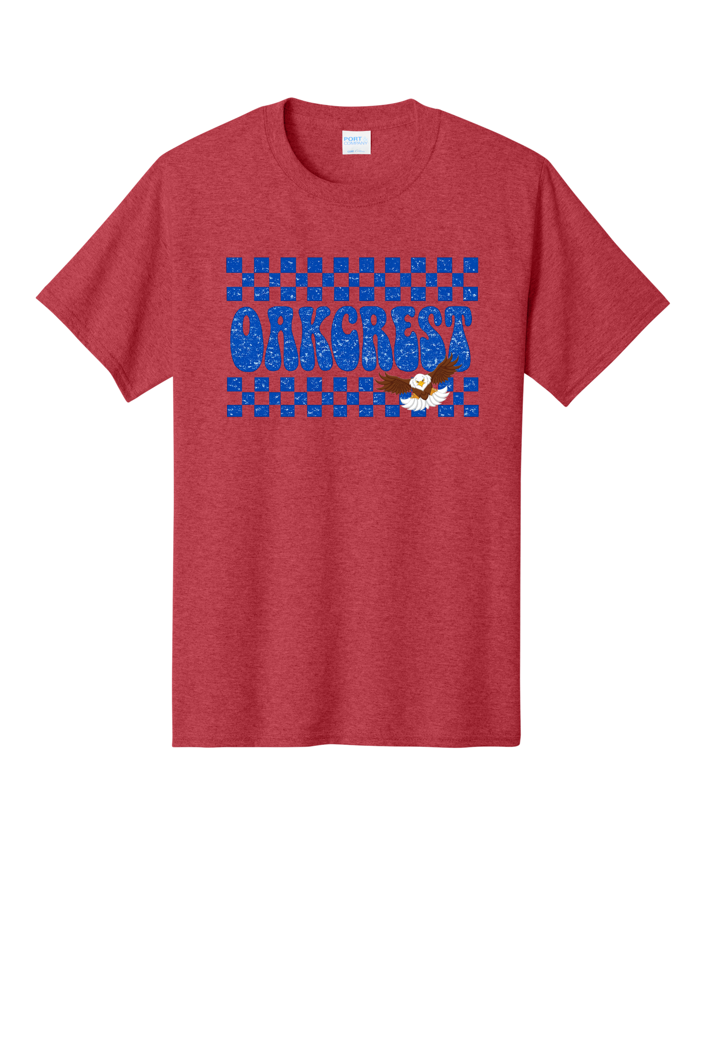 Oakcrest Eagles Retro Checkered Spirit T-Shirt – Heather Red & Ash