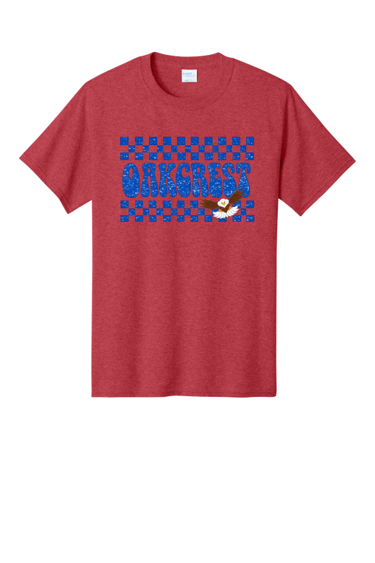Oakcrest Eagles Retro Checkered Spirit T-Shirt – Heather Red